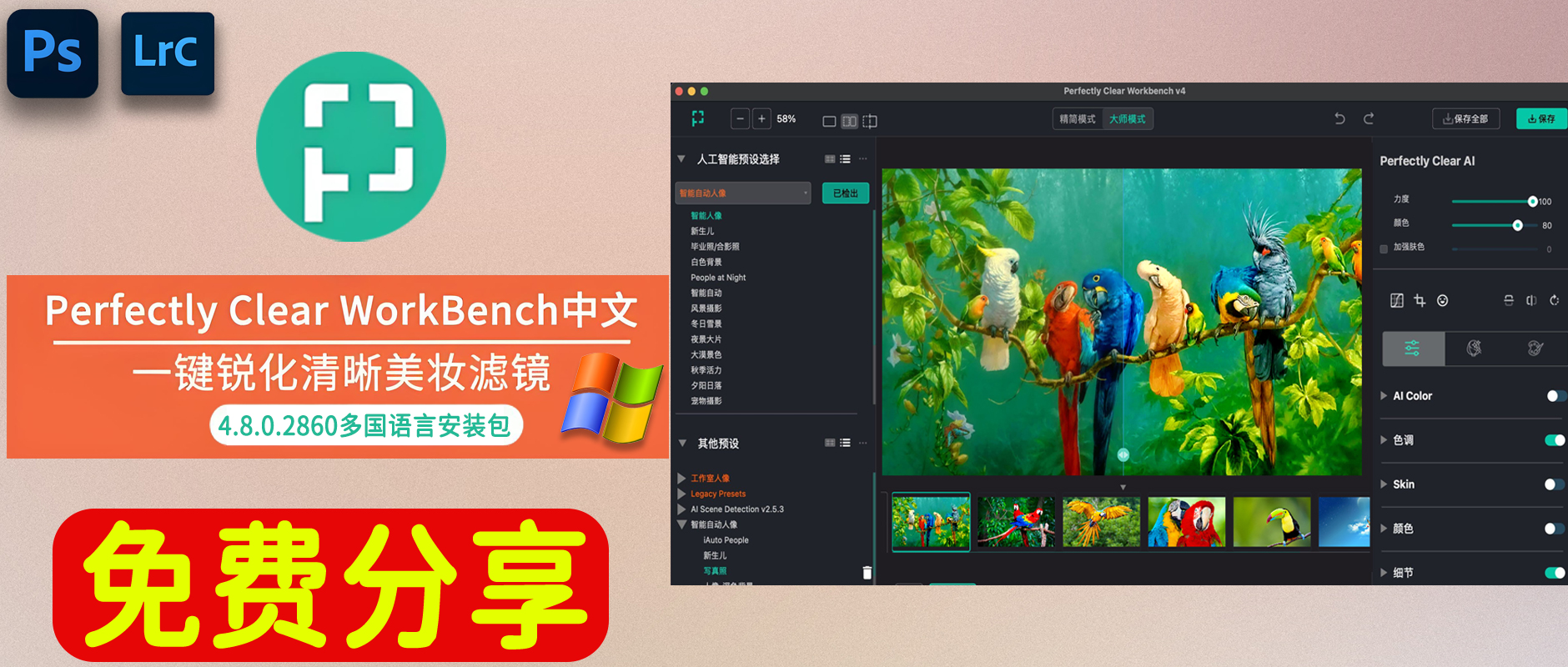 免费下载Perfectly Clear WorkBench v4.8.0.2860win中文汉化版软件安装包ai自动批量修图工具